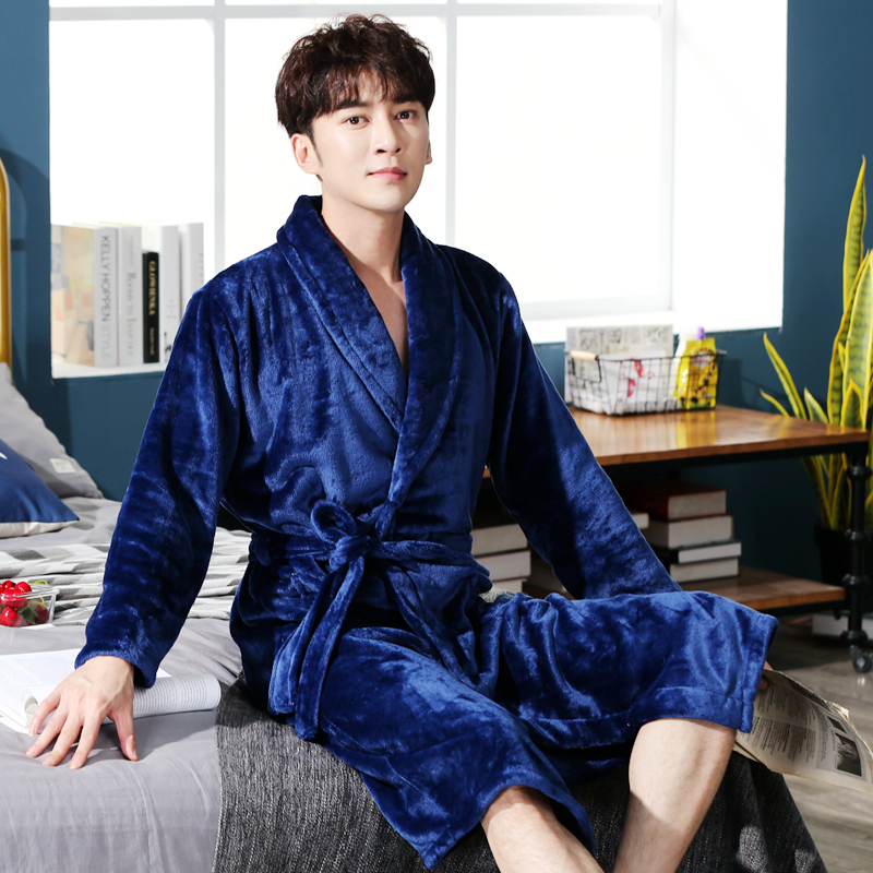 hlcoman睡袍法兰绒男士酒店浴袍纯白色春秋大码珊瑚绒睡衣冬季加厚