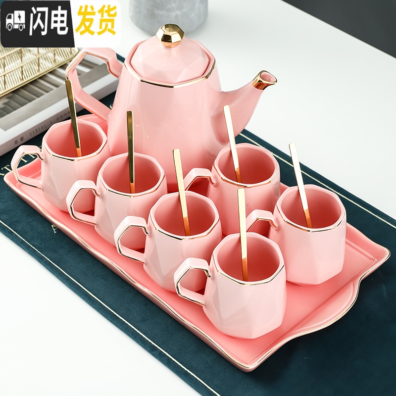 三维工匠北欧陶瓷水具套装家用美式水杯客厅整套杯具茶具茶杯耐热水壶 简约款-奢华绿釉1配4杯1盘高清大图