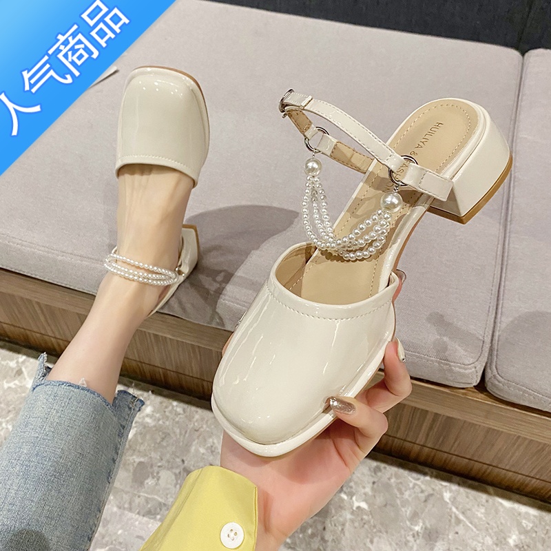 SUNTEK今年新款凉鞋女款夏季绿色法式单鞋珍珠半拖包头中跟粗跟玛丽珍鞋高清大图