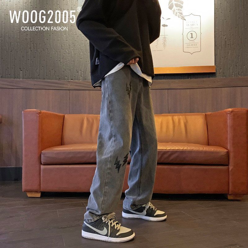 WOOG2005美式hiphop裤子男夏季潮复古烟灰色牛仔裤男宽松直筒长裤