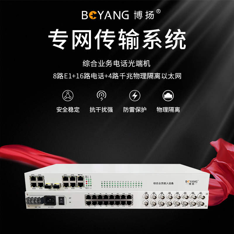博扬 综合业务电话光端机 8E1+16路电话+4路千兆物理隔离网 单纤20km LC 机架式 1对价