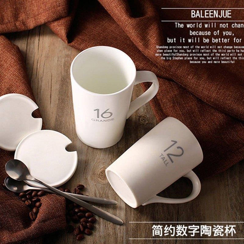 550ML陶瓷杯子带盖带勺子简约咖啡杯大容量创意个性简约情侣水杯马克杯纯色生活日用家居器皿水具水杯