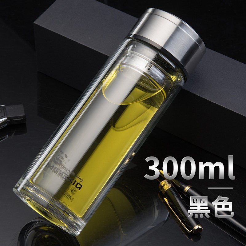 家柏饰(CORATED)玻璃杯 双层便携水杯带盖过滤办公杯男女杯子耐热车载茶杯 黑色350ml(不锈钢内盖)高清大图