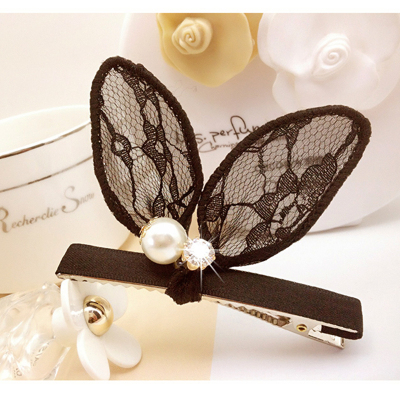 黑色珍珠兔耳朵发夹林志玲同款发夹可爱蕾丝兔耳朵留海一字夹女bb夹
