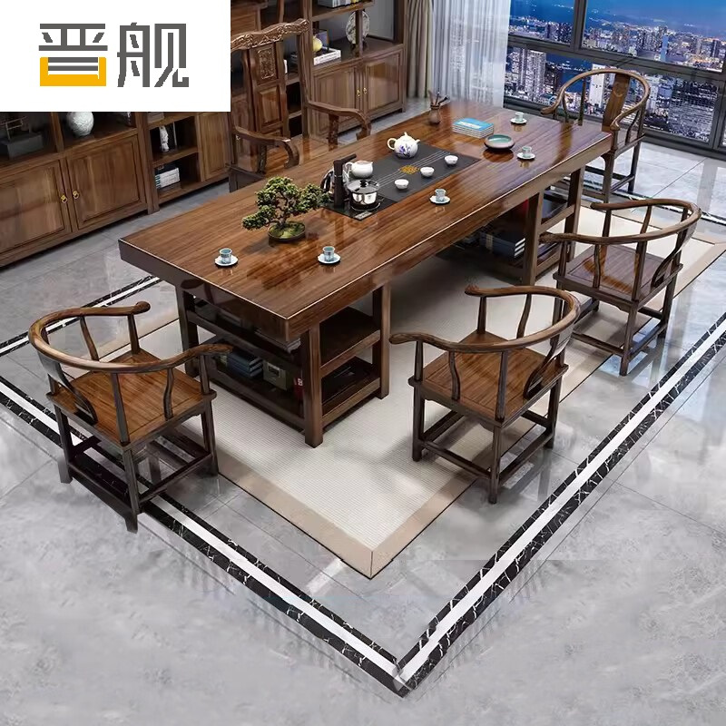 晋舰 原木大板茶桌椅组合茶海茶桌办公室茶几茶道喝茶桌套装一体1.8米双层储物大板+1富贵椅4围椅