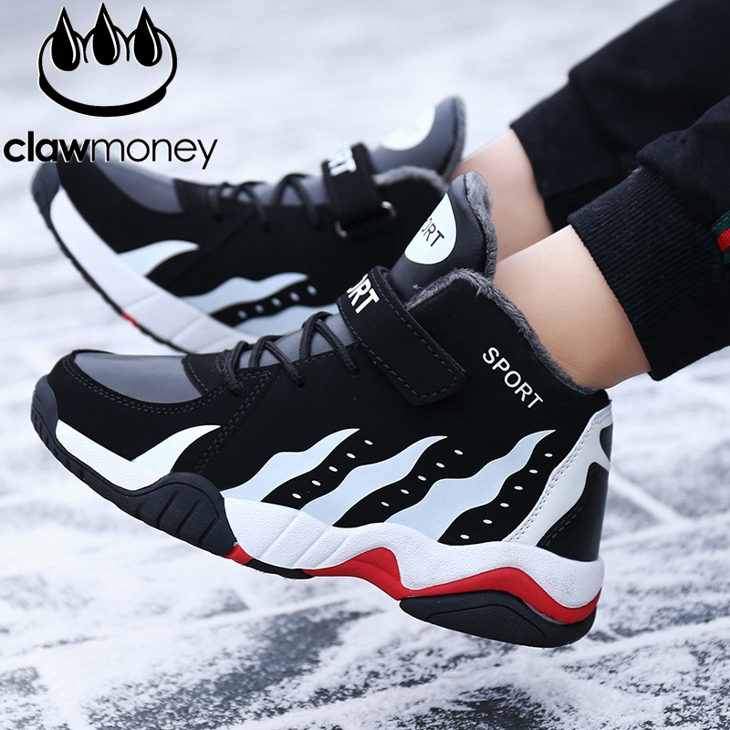 Claw money男童鞋子冬季运动鞋高帮皮面防水儿童男孩中大童跑步鞋