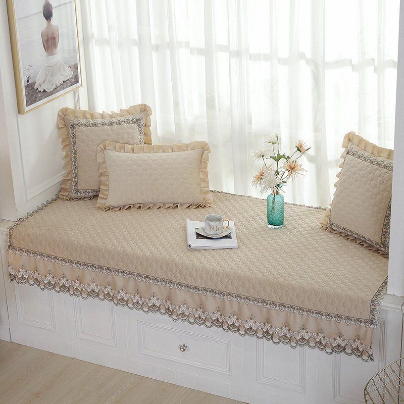 汐岩窗户榻榻米飘窗垫窗台垫欧式阳台飘窗垫可机洗榻榻米垫子飘窗毯 暖春蕾丝-米黄色80+18*210cm
