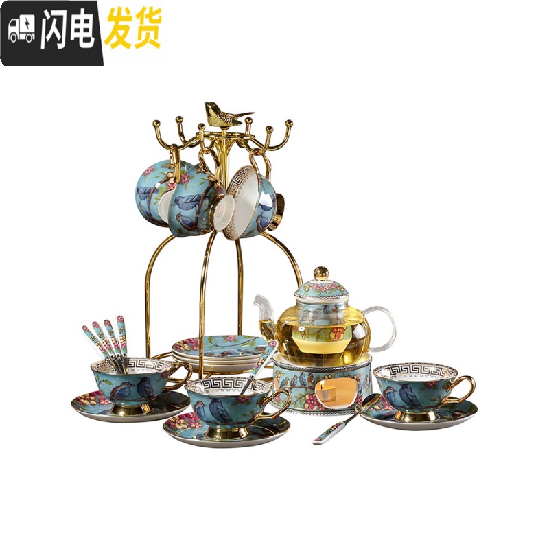 三维工匠梦幻之蓝田园风英式下午茶陶瓷玻璃花茶具套装蜡烛加热茶壶带过滤 梦鸟底座+玻璃6杯碟不含架礼盒装高清大图
