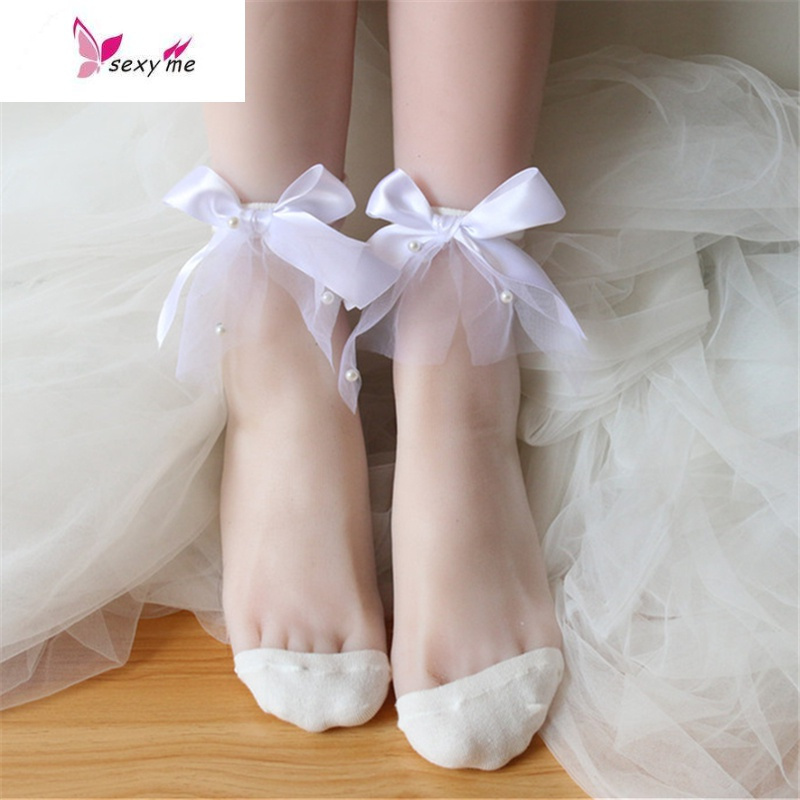 lolita袜子女蝴蝶结可爱白色丝袜短袜日系软妹玻璃水晶袜韩国薄款