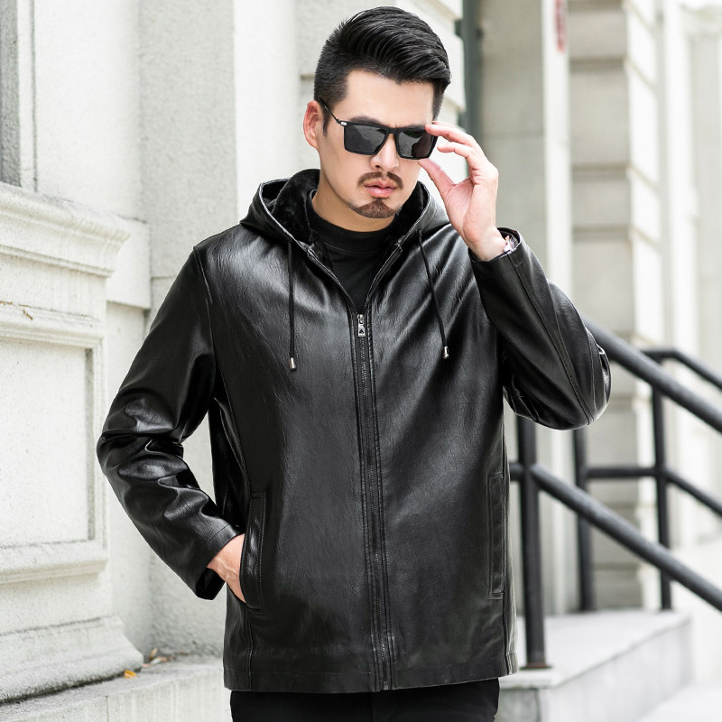 yuansu秋冬季男士皮衣加绒加厚连帽骑行机车外套中老年人皮夹克爸爸