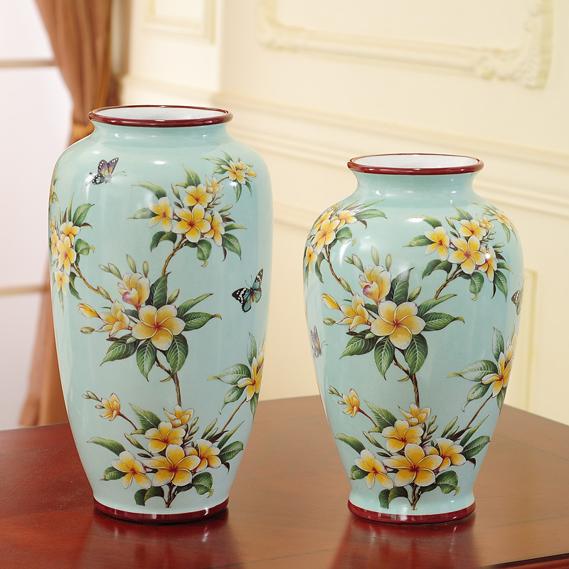 美式陶瓷花瓶家居饰品摆件花器中式复古客厅玄关花几花插乔迁送礼 三维工匠 (不含花)一对,浅绿鸡蛋花