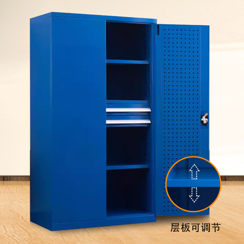 帅畅重型工具柜加厚物件工具储物柜工厂铁皮柜汽修厂零件收纳柜蓝色四层二抽带挂板高清大图