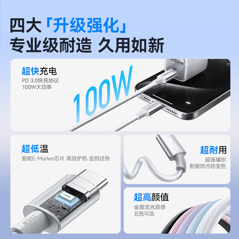 安克(anker) A8757651 安克C-C数据线 (1.8米,100W,编织)粉色高清大图