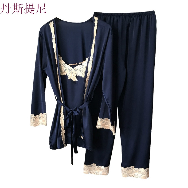 睡衣女春秋三件套装夏女士真丝绸性感带冰丝长袖薄款家居服秋季