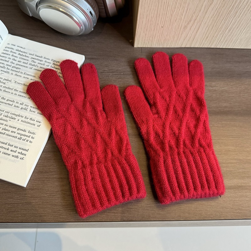 针织秋冬季女男士羊毛线针织加厚棉绒触屏骑行开车保暖手套3759W 红色