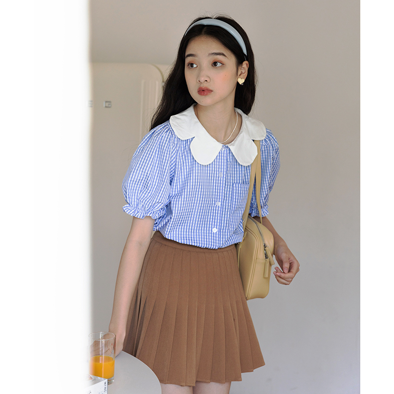 2022夏季新款复古蓝色条纹花瓣领衬衫上衣女