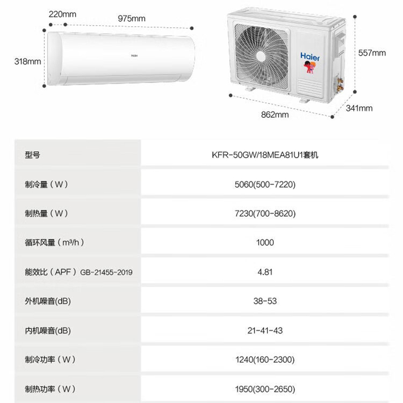 海尔(Haier) KFR-50GW/18MEA81U1套机 2匹 壁挂式空调 白色(变频 冷暖 2P 一级)