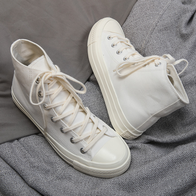 苏芈纯白全白色高帮帆布鞋男款韩版百搭街拍学生板鞋情侣日系小白鞋女