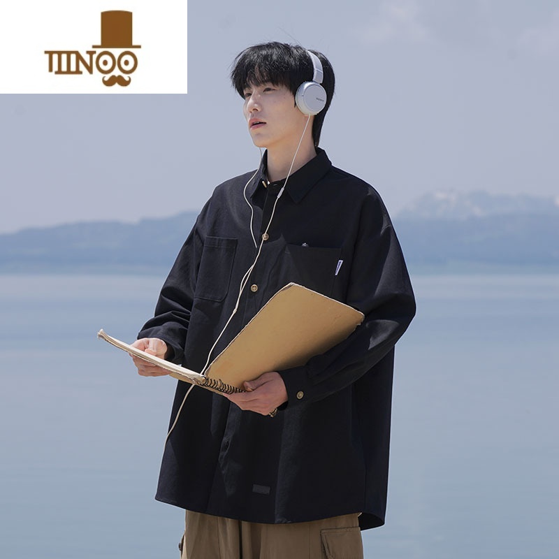 YANXU日系复古工装长袖衬衫男新款潮牌宽松休闲潮流百搭衬衣外衣高清大图