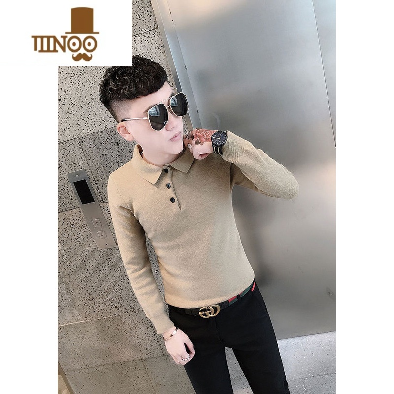 YANXUpolo毛衣男上衣服2023新款潮流百搭痞帅内搭男士针织打底衫 纯色POLO毛衣卡其色 S