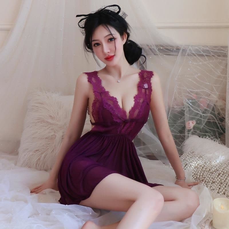 长夜漫漫情趣内裤紫色睡裙韵味性感深v网纱透视蕾丝开叉睡裙1147图片