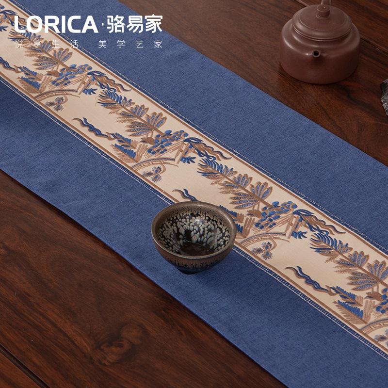 新中式桌旗禅意古典茶几餐桌布长条装饰布现代简约电视柜盖巾定制 南乡-蓝色 33*280cm(适用桌长2.3米-2.4米)高清大图