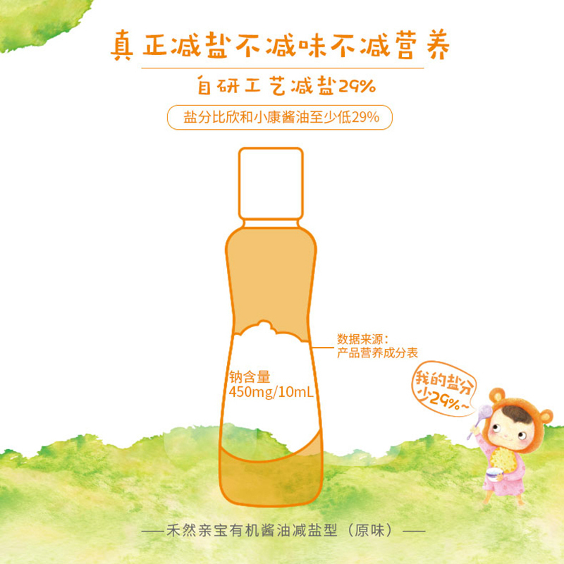 效期至2023年6月 禾然亲宝有机酱油减盐型(调味)160ml 无添加辅食拌饭调味料特级生抽赠婴幼儿辅食食谱