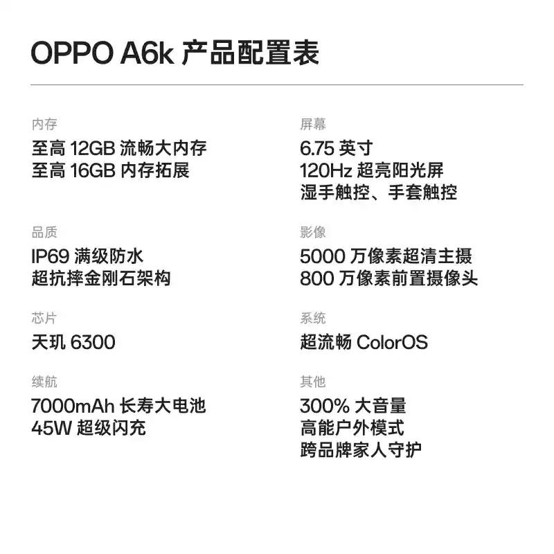 [全新]OPPO A6k 8+512GB海贝白 7000mAh大毫安 45W 天玑6300芯 5000W超清影像 耐用高清大图
