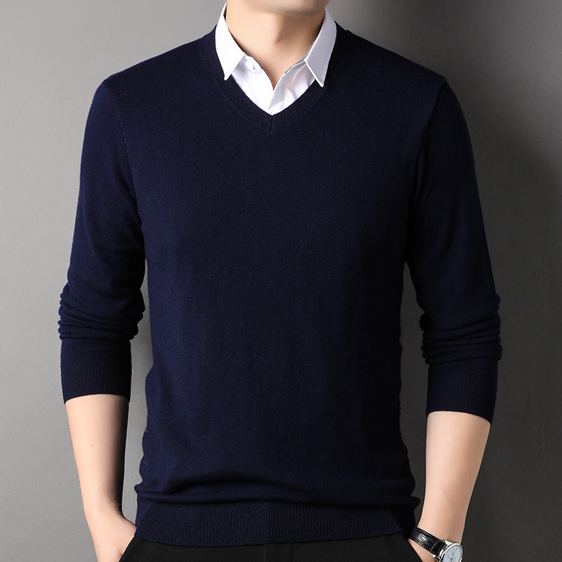 鄂尔多市纯山羊绒衫男衬衫领假两件套春秋薄毛衣男打底衫100%羊绒衫男t恤中年初秋爸爸装薄款衬衫领男士单穿衬衣 6171V领藏青 180/96