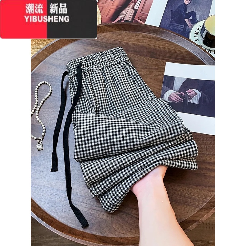 YIBUSHENG2024新款韩版慵懒风chic格子休闲裤女潮流直筒洋气百搭阔腿裤薄气高清大图
