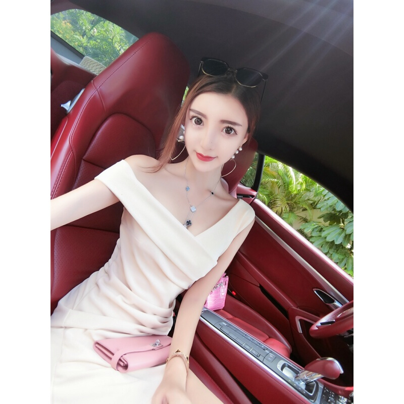 连衣裙女夏新款斜领V领无袖高腰修身显瘦包臀开叉不规则包臀短裙