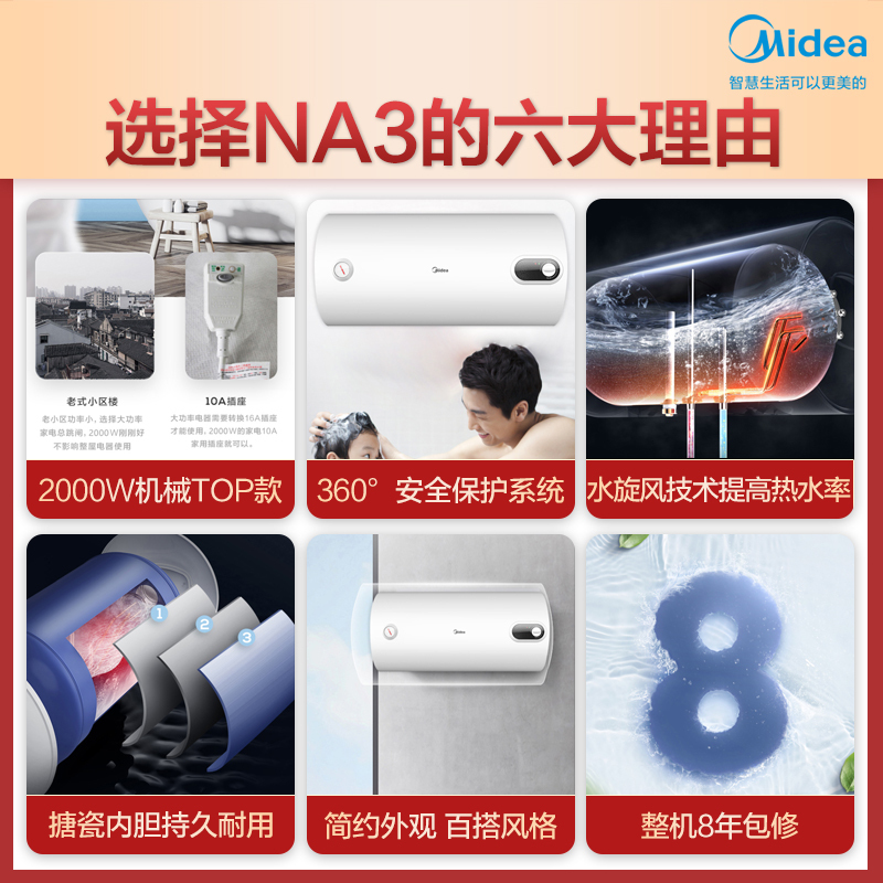 美的(Midea)60升家用电热水器F6015-NA3(H) 极地白 机械式2000W速热 搪瓷内胆 安全防护