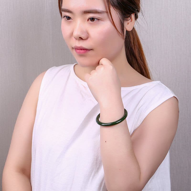 印象眸 和田玉碧玉手镯 女款菠菜绿玉石手镯细圆条玉镯子多口径可选附证书图片
