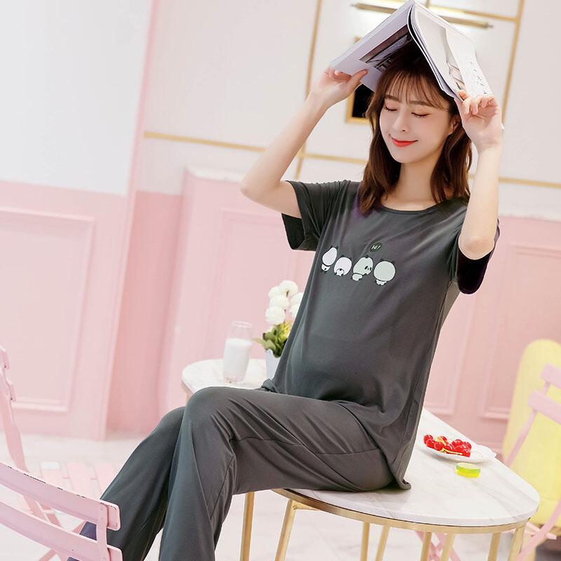 孕妇带胸垫睡衣套装莫代尔棉短袖长裤家居服薄款空起居服女夏