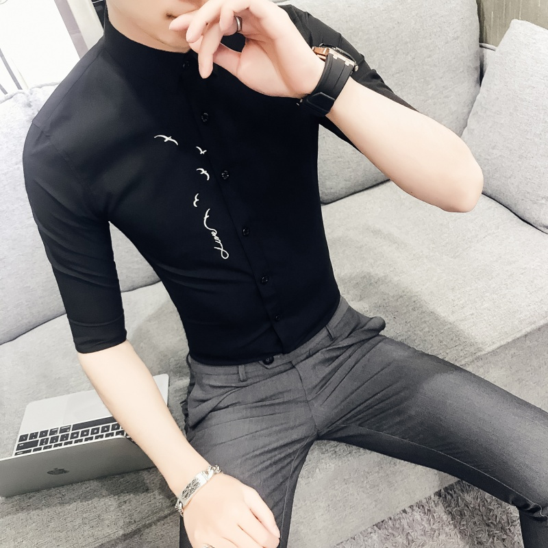 雅痞英伦绣花中袖衬衫青年韩版修身夜店公子美师型男七分袖衬衣