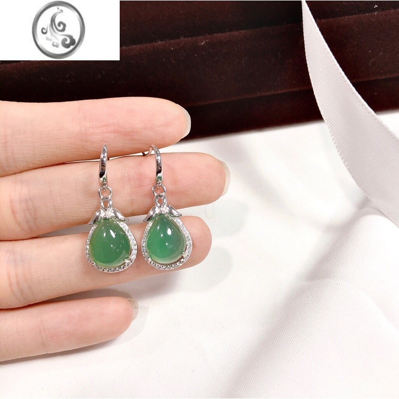 jimi香港正生s925银银绿玉髓耳环耳吊女简约气质高雅耳饰送妈妈节日礼