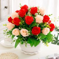 假花艺装饰绢花干花套装摆设摆设仿真花束假花套装 客厅饰品摆件|荷花盆幸运玫/大红