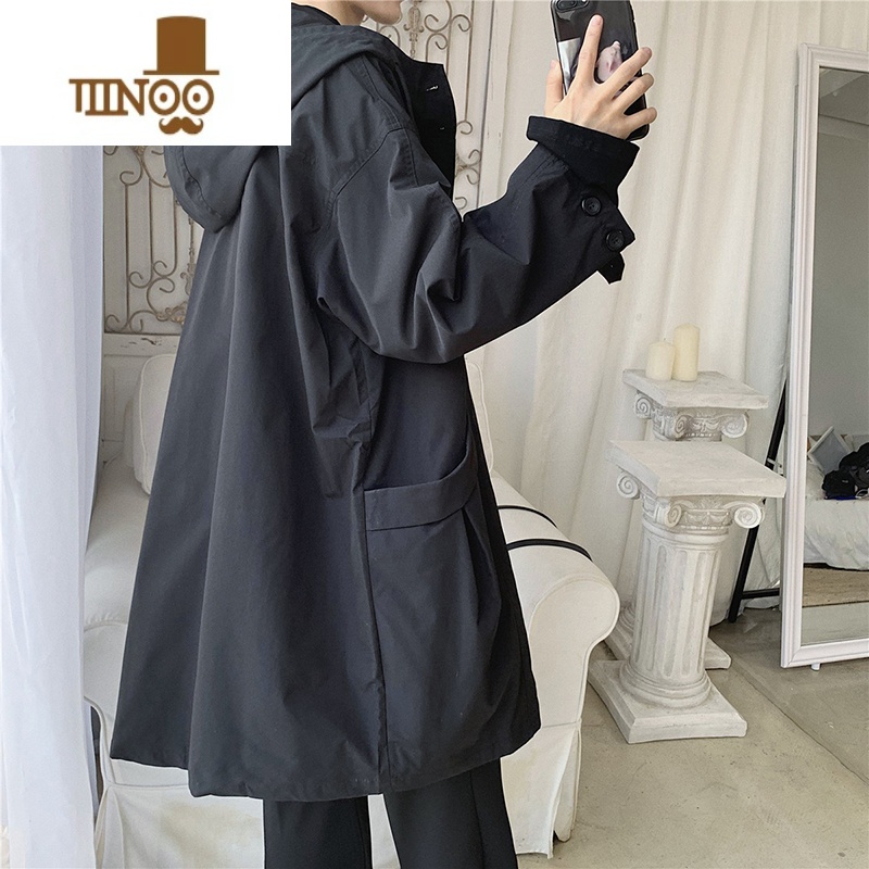 YANXU连帽中长款薄款风衣男英伦风ins潮宽松百搭工装休闲大衣外套高清大图