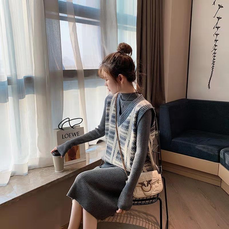 单件/套装女秋冬新款洋气网红针织毛衣裙子马甲时尚两件套