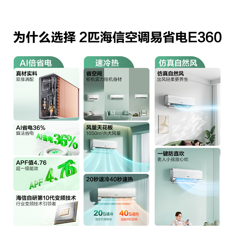 海信 2匹 易省电 速冷热 AI省电 柔风 新一级能效 自清洁 大卧室客厅挂机空调挂机KFR-50GW/E360-X1