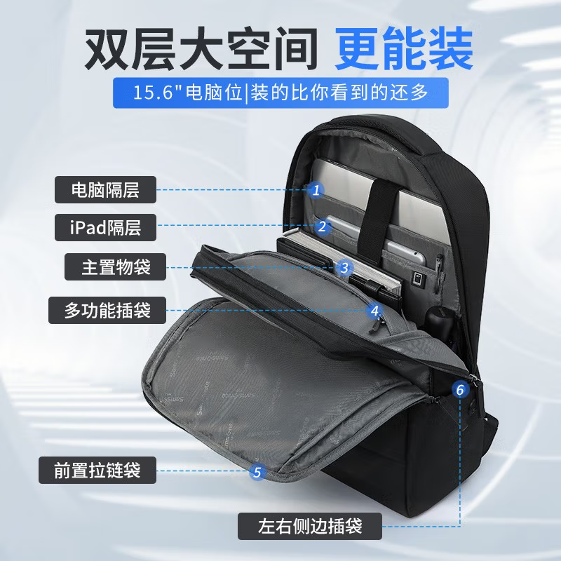 新秀丽双肩包男士商务背包旅行苹果联想笔记本电脑包15.6英寸黑色 TX5*09001高清大图