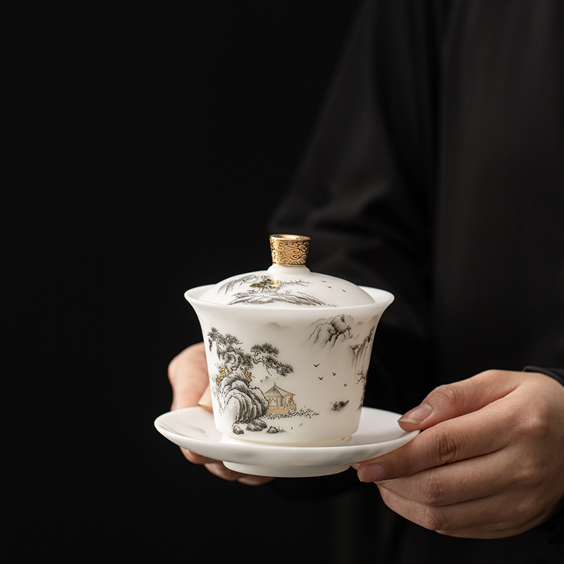苏氏陶瓷(SUSHI CERAMICS)素烧羊脂玉瓷翠山迎客一碗两杯国家一级技师王文克老师作品