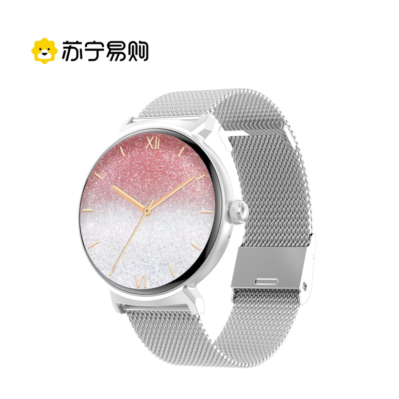 勃睿【苏宁自营】女性智能手表DT4neW遥控拍照蓝牙通话音乐採播放信息提示生理周期提醒APP下载自定义壁纸功能 银色网钢