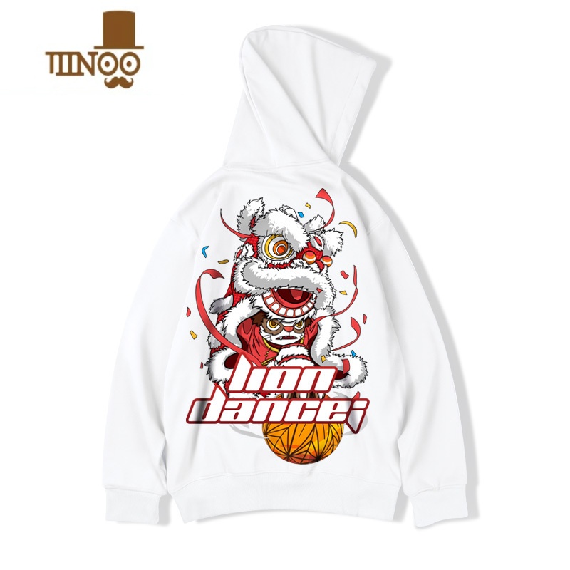 YANXU国潮中国风醒狮加绒连帽大码潮牌胖子oversize外套款卫衣男潮 白色常规 5XL