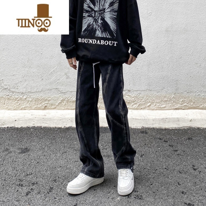 YANXU非潮勿近高街美式复古水洗拼接牛仔裤男直筒宽松设计垂感式近感设高清大图