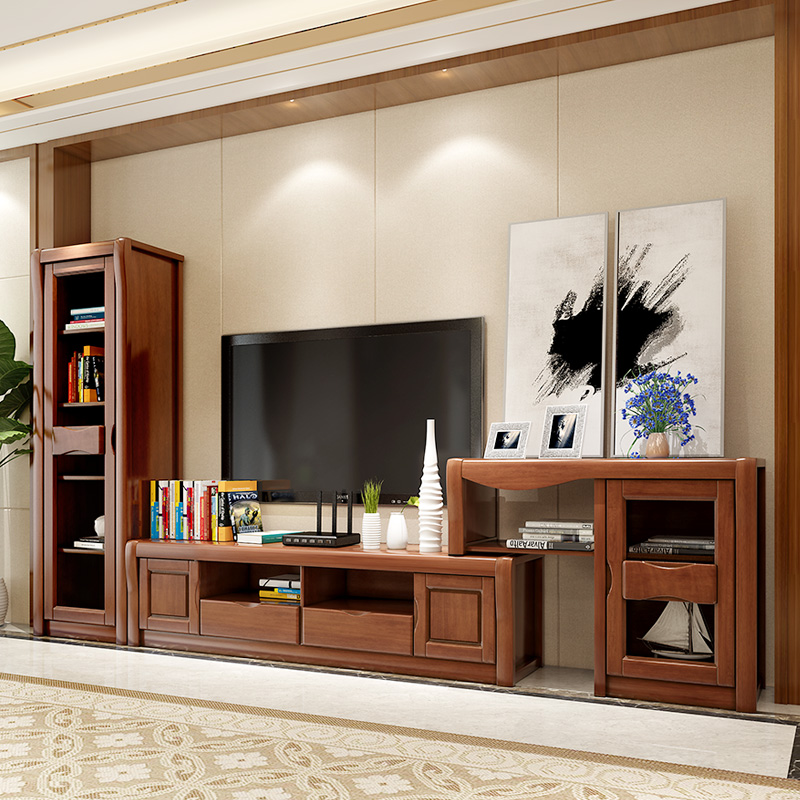 客厅中式实木电视柜组合墙柜套装背景墙高低矮柜酒柜伸缩简约现代定制