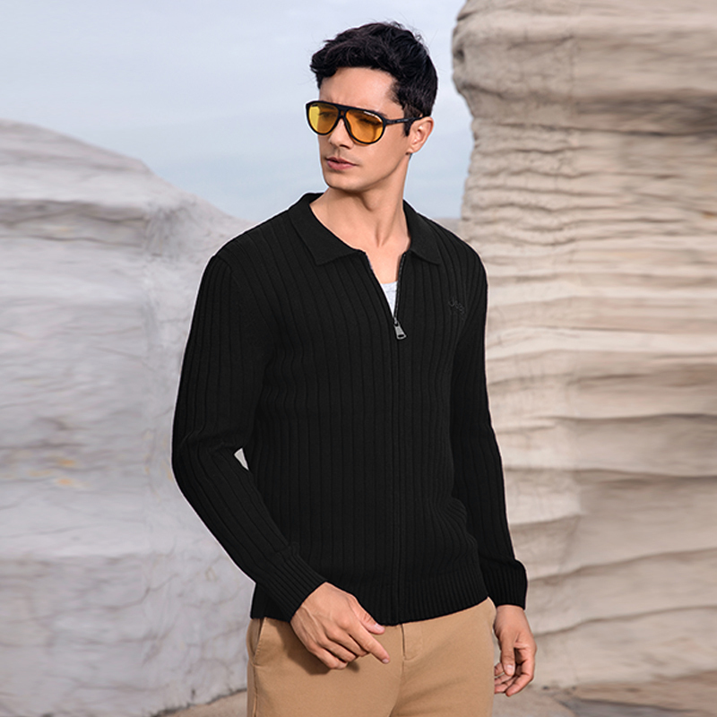 jeep spirit吉普加绒加厚针织开衫男士潮牌纯色百搭翻领毛衣保暖外套