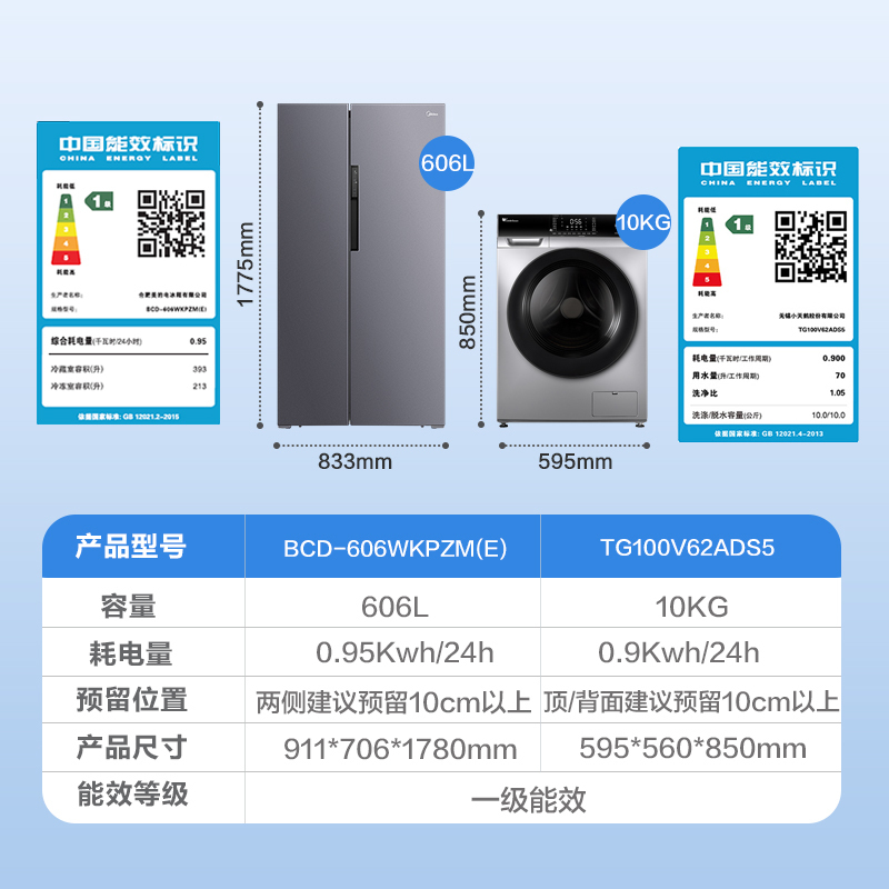 [美的&小天鹅冰洗套餐]606L对开门冰箱一级能效双变频净味抑菌智能冰箱+ 10公斤滚筒洗衣机全自动 除菌率99.9%