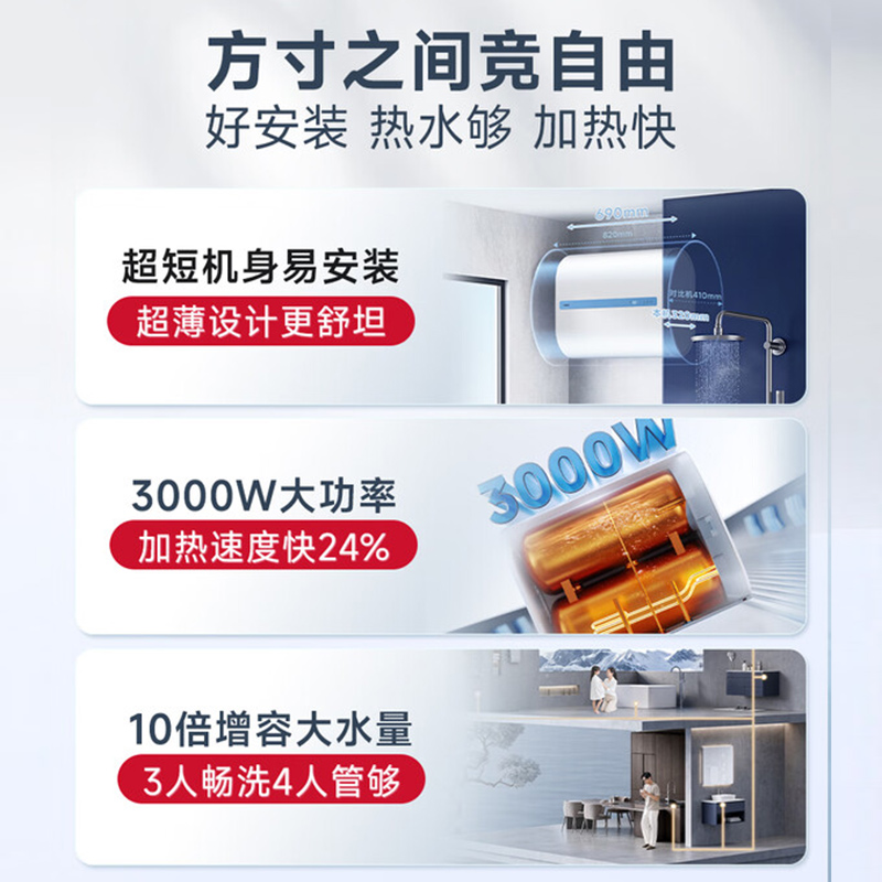 万家乐B2超一级能效 镁棒免换 3000W速热10倍大水量60升家用储水式租房小户型高清大图