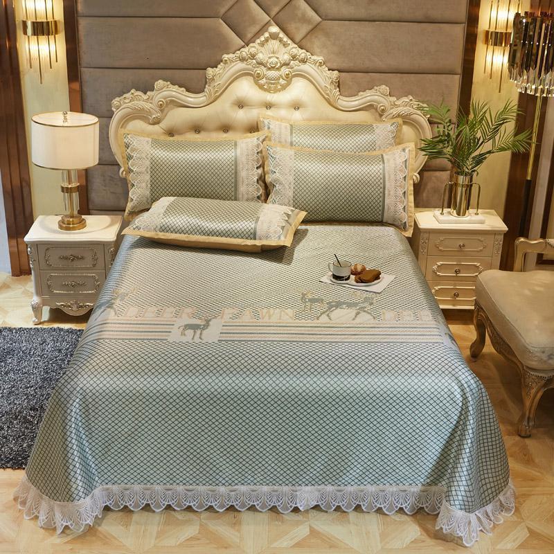 美帮汇冰丝凉席床1.5米床夏季冰丝席子三件套1.8米可水洗空调软席 冰藤提花床单款凉席-发财鹿绿 1.8m（6英尺）床